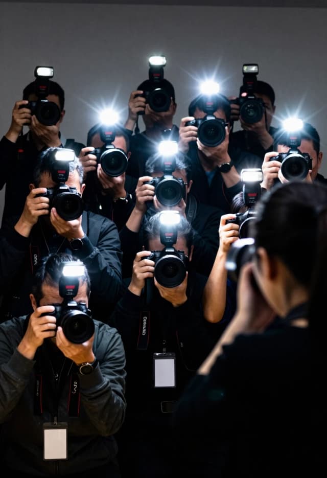 In the style of a tense reportage — a tight medium shot, the angle slightly above eye level, the composition is maximally dense with figures. In the frame — a dense crowd of photographers (25–30 people), chaotically grouped, in a semi‑dark room; each is holding a professional DSLR camera (mostly Canon) with the flash turned on — bright light sources create sharp glare, “stars” and extended rays that partially obscure the faces.

The flashes illuminate the scene unevenly: some areas are overexposed, others are in deep shadow; add a chromatic aberration effect and a slight vignetting around the edges. There are badges on straps around their necks, watches on their wrists, and folds, scuffs, and traces of active work on their clothing. In the right part, there is a blurred silhouette of a woman (from behind, a fragment of her shoulder and neck); she is the subject of the shot.

The background is a neutral dark gray wall without any details; the focus is on the figures and the chaotic lighting. Detail the lenses (focus rings, markings), camera bodies, the fabric texture of the jackets and sweaters, and the individual fingers on the shutters. The palette is contrasting: black, dark gray, and cold steel dominate; bright accents are white and bluish‑white from the flashes.