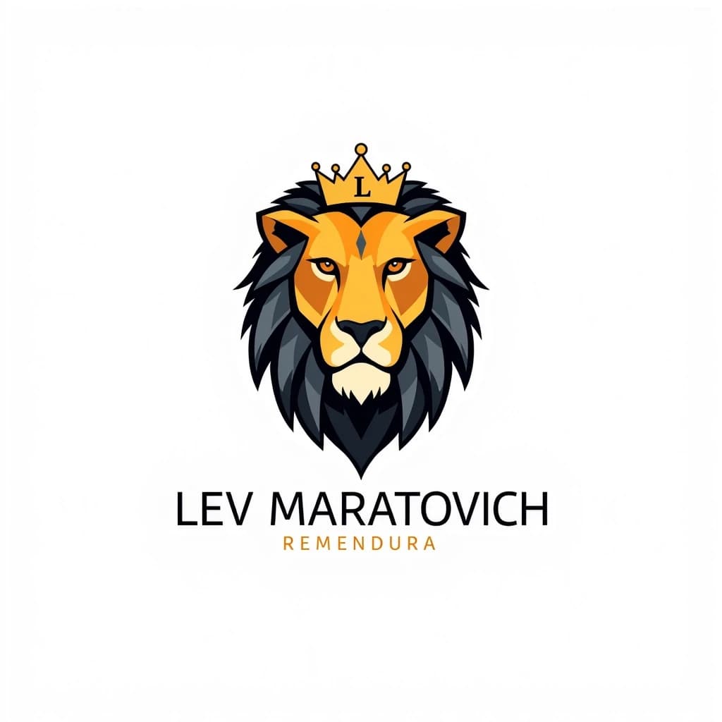 Minimalist yet bold logo for “Лев Маратович”: a stylized lion head in geometric, low‑poly style with sharp facets and clean lines. Use negative space to subtly form the outline of a crown or a letter “Л” inside the mane. Color palette: deep gold, charcoal grey, and a touch of burnt orange. Typography: strong sans‑serif font, uppercase, slightly condensed, placed below the icon with generous spacing. Flat vector look, high contrast, no gradients, crisp edges. Clean white background. No extra text, no clutter. Professional branding style, scalable for small and large sizes.