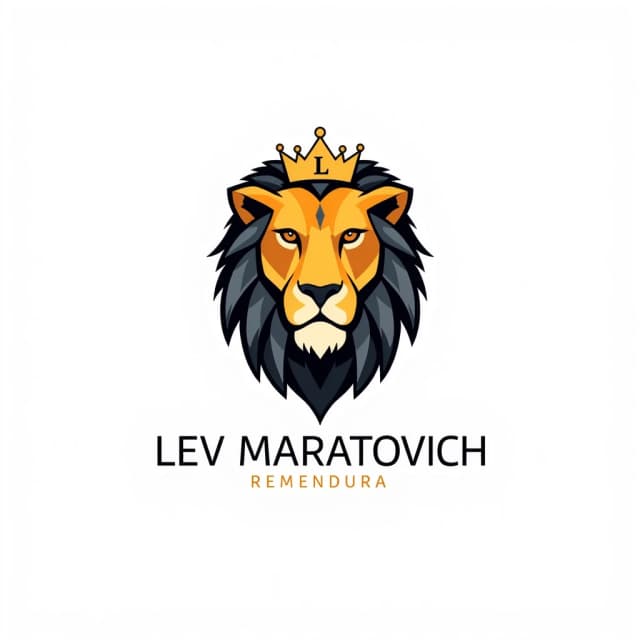 Minimalist yet bold logo for “Лев Маратович”: a stylized lion head in geometric, low‑poly style with sharp facets and clean lines. Use negative space to subtly form the outline of a crown or a letter “Л” inside the mane. Color palette: deep gold, charcoal grey, and a touch of burnt orange. Typography: strong sans‑serif font, uppercase, slightly condensed, placed below the icon with generous spacing. Flat vector look, high contrast, no gradients, crisp edges. Clean white background. No extra text, no clutter. Professional branding style, scalable for small and large sizes.