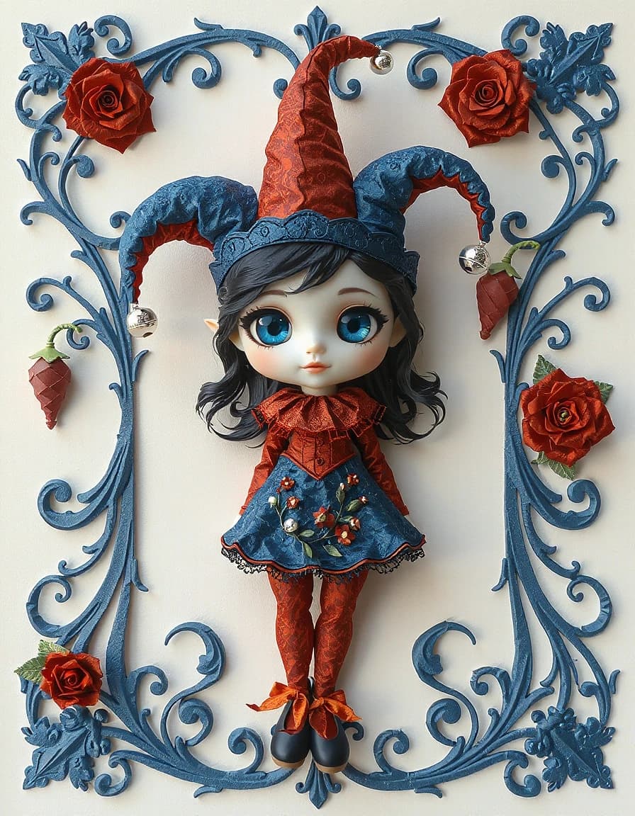An elegant, dimensional paper figure of a charming chibi-style jester girl featuring large, sparkling sapphire eyes, porcelain-white skin, and delicate, pointed elven ears. She wears an intricate three-pointed harlequin hat in royal dark indigo and deep red, adorned with silver bells dangling from each tip. Her wavy black hair features decorative tendrils framing her face, complementing a playful expression, soft pink cheeks, and dusty-rose lips. Her outfit consists of a ruffled, multi-layered collar and a magnificent cobalt-blue and deep-red dress embellished with intricate floral embroidery, tiny blossoms, and silver beads; she wears dark blue shoes accented with red flowers. The figure stands in a graceful full-body pose within an ornate Art Nouveau-style frame crafted from elaborate dark blue paper scrolls and curling vines. Deep red paper roses with sage-green leaves bloom in the corners against a pale, silvery-cream background. The entire composition mimics the texture of layered paper art and quilling, showcasing visible depth, intricate paper-cut details, and subtle shadows between the layers. A rich color palette—featuring sapphire blue, deep indigo, dark red, antique silver, and pearl white—creates the whimsical yet elegant atmosphere of a frosty fairy tale, while the hyper-detailed paper texture and soft studio lighting accentuate the dimensionality of every layered element.