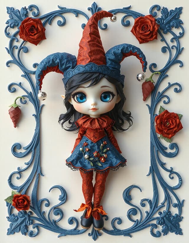 An elegant, dimensional paper figure of a charming chibi-style jester girl featuring large, sparkling sapphire eyes, porcelain-white skin, and delicate, pointed elven ears. She wears an intricate three-pointed harlequin hat in royal dark indigo and deep red, adorned with silver bells dangling from each tip. Her wavy black hair features decorative tendrils framing her face, complementing a playful expression, soft pink cheeks, and dusty-rose lips. Her outfit consists of a ruffled, multi-layered collar and a magnificent cobalt-blue and deep-red dress embellished with intricate floral embroidery, tiny blossoms, and silver beads; she wears dark blue shoes accented with red flowers. The figure stands in a graceful full-body pose within an ornate Art Nouveau-style frame crafted from elaborate dark blue paper scrolls and curling vines. Deep red paper roses with sage-green leaves bloom in the corners against a pale, silvery-cream background. The entire composition mimics the texture of layered paper art and quilling, showcasing visible depth, intricate paper-cut details, and subtle shadows between the layers. A rich color palette—featuring sapphire blue, deep indigo, dark red, antique silver, and pearl white—creates the whimsical yet elegant atmosphere of a frosty fairy tale, while the hyper-detailed paper texture and soft studio lighting accentuate the dimensionality of every layered element.