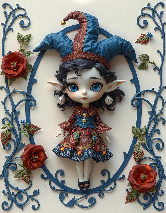 An elegant, dimensional paper figure of a charming chibi-style jester girl featuring large, sparkling sapphire eyes, porcelain-white skin, and delicate, pointed elven ears. She wears an intricate three-pointed harlequin hat in royal dark indigo and deep red, adorned with silver bells dangling from each tip. Her wavy black hair features decorative tendrils framing her face, complementing a playful expression, soft pink cheeks, and dusty-rose lips. Her outfit consists of a ruffled, multi-layered collar and a magnificent cobalt-blue and deep-red dress embellished with intricate floral embroidery, tiny blossoms, and silver beads; she wears dark blue shoes accented with red flowers. The figure stands in a graceful full-body pose within an ornate Art Nouveau-style frame crafted from elaborate dark blue paper scrolls and curling vines. Deep red paper roses with sage-green leaves bloom in the corners against a pale, silvery-cream background. The entire composition mimics the texture of layered paper art and quilling, showcasing visible depth, intricate paper-cut details, and subtle shadows between the layers. A rich color palette—featuring sapphire blue, deep indigo, dark red, antique silver, and pearl white—creates the whimsical yet elegant atmosphere of a frosty fairy tale, while the hyper-detailed paper texture and soft studio lighting accentuate the dimensionality of every layered element.