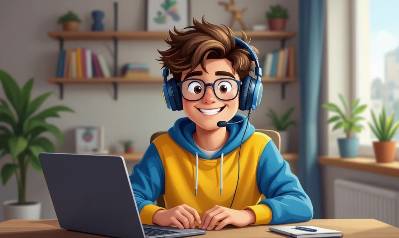 A teenager in yellow and blue , with a stupid face, wearing glasses, sits at a table with an audio headset on his head and a laptop in front of him.caricature
