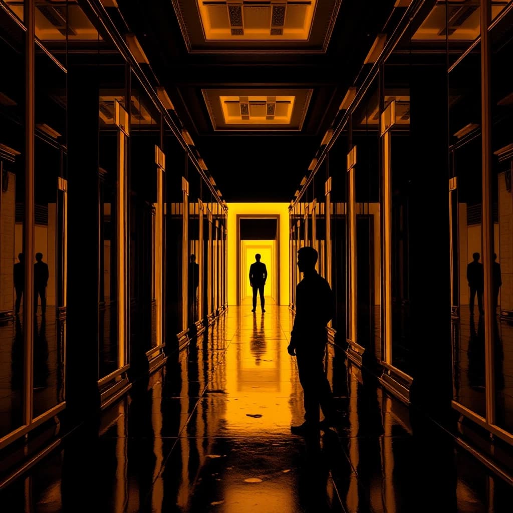 A human silhouette standing in front of infinite golden mirrors, each showing a different version of the person, comic book style with cinematic dramatic lighting, dark graphic novel aesthetic, bold black outlines, no text, no words, 4k
