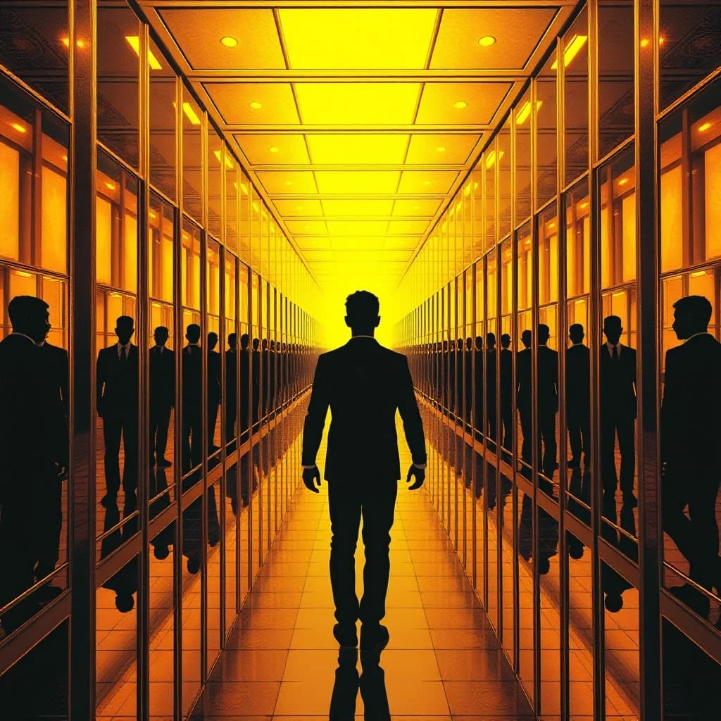A human silhouette standing in front of infinite golden mirrors, each showing a different version of the person, comic book style with cinematic dramatic lighting, dark graphic novel aesthetic, bold black outlines, no text, no words, 4k