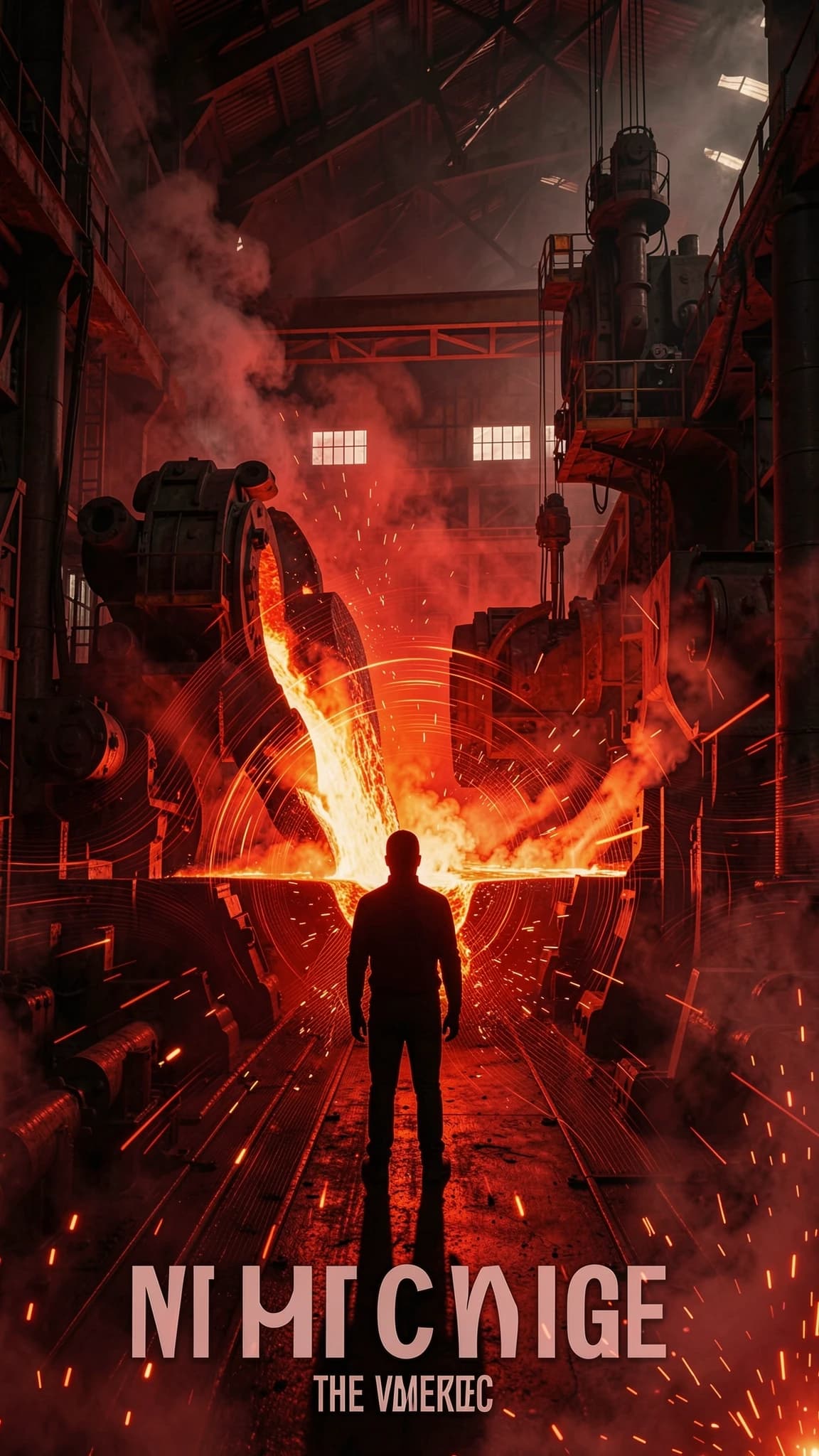 Dark industrial scene, massive factory interior, glowing molten metal, heavy machinery, silhouetted figure standing in the center, bass waves visualized as shockwaves, red and black color palette, cinematic lighting, smoke and sparks, powerful atmosphere, poster style, 4k