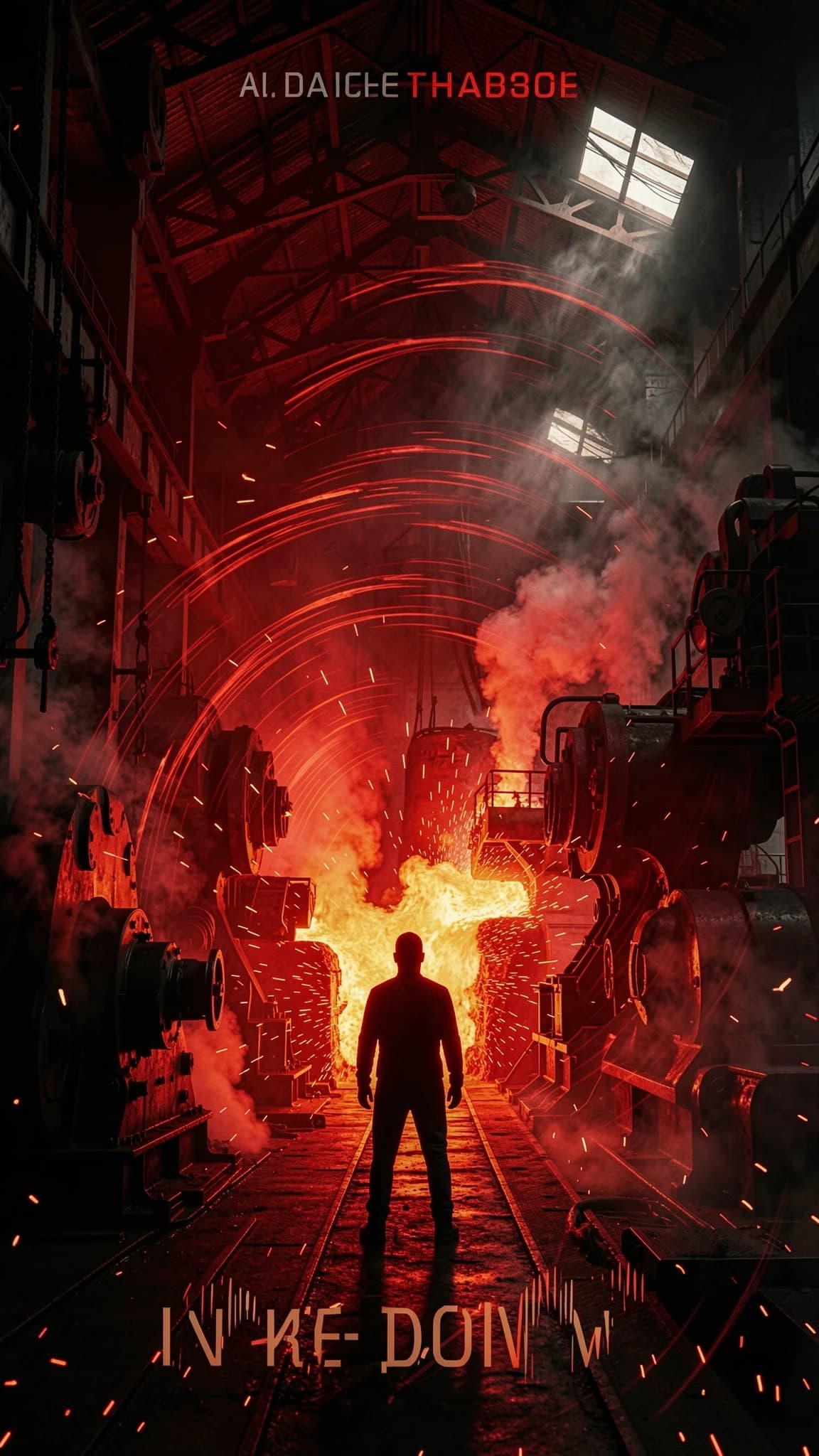 Dark industrial scene, massive factory interior, glowing molten metal, heavy machinery, silhouetted figure standing in the center, bass waves visualized as shockwaves, red and black color palette, cinematic lighting, smoke and sparks, powerful atmosphere, poster style, 4k