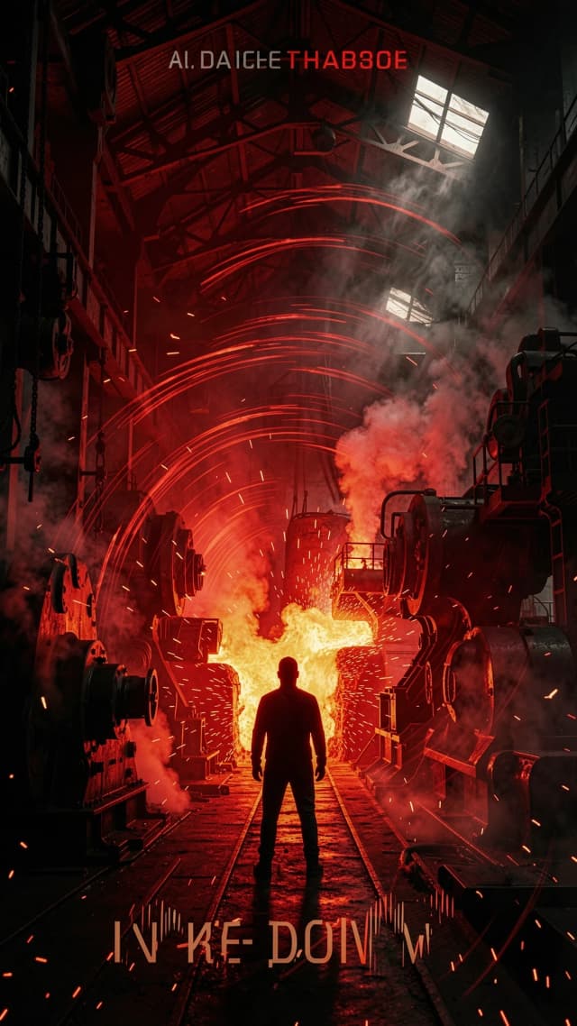 Dark industrial scene, massive factory interior, glowing molten metal, heavy machinery, silhouetted figure standing in the center, bass waves visualized as shockwaves, red and black color palette, cinematic lighting, smoke and sparks, powerful atmosphere, poster style, 4k