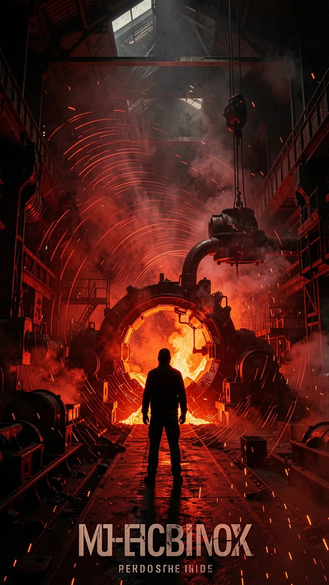 Dark industrial scene, massive factory interior, glowing molten metal, heavy machinery, silhouetted figure standing in the center, bass waves visualized as shockwaves, red and black color palette, cinematic lighting, smoke and sparks, powerful atmosphere, poster style, 4k