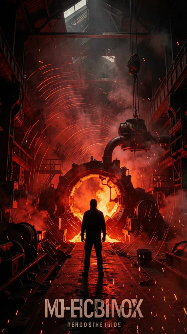 Dark industrial scene, massive factory interior, glowing molten metal, heavy machinery, silhouetted figure standing in the center, bass waves visualized as shockwaves, red and black color palette, cinematic lighting, smoke and sparks, powerful atmosphere, poster style, 4k