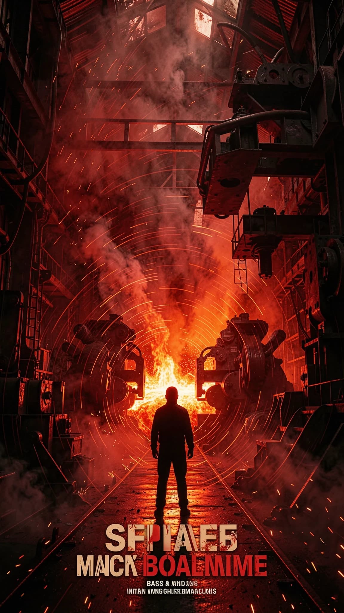 Dark industrial scene, massive factory interior, glowing molten metal, heavy machinery, silhouetted figure standing in the center, bass waves visualized as shockwaves, red and black color palette, cinematic lighting, smoke and sparks, powerful atmosphere, poster style, 4k