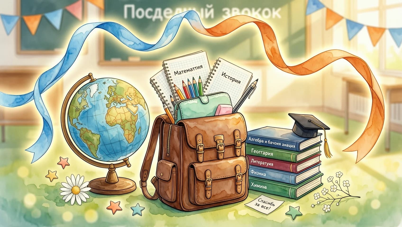 Праздничная открытка на последний звонок. На первом плане красивая композиция из школьных атрибутов: глобус, стопка книг, коричневый школьный ранец, выглядывающий из него пенал и тетради. Над предметами висят две воздушные ленты ,одна лента голубая, другая оранжевая. На фоне — размытый школьный двор или класс, залитый ярким весенним солнцем. Стиль: праздничный, нежный, акварельная иллюстрация, легкое сияние (глоу), кинематографичный свет.