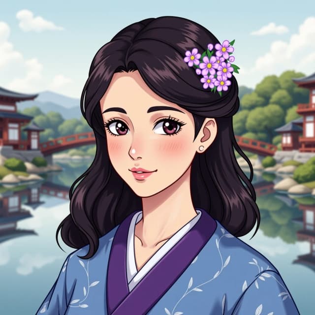 The image is a digital art piece that appears to be a portrait of a young woman with long dark hair. She is wearing a traditional Japanese kimono with a blue and purple color scheme. Her hair is styled in loose waves and cascades over her shoulders. She has a small flower crown on her head, which is made up of small purple flowers. The background is a landscape with a bridge over a body of water, and there are trees and buildings in the distance. The overall mood of the image is peaceful and serene.