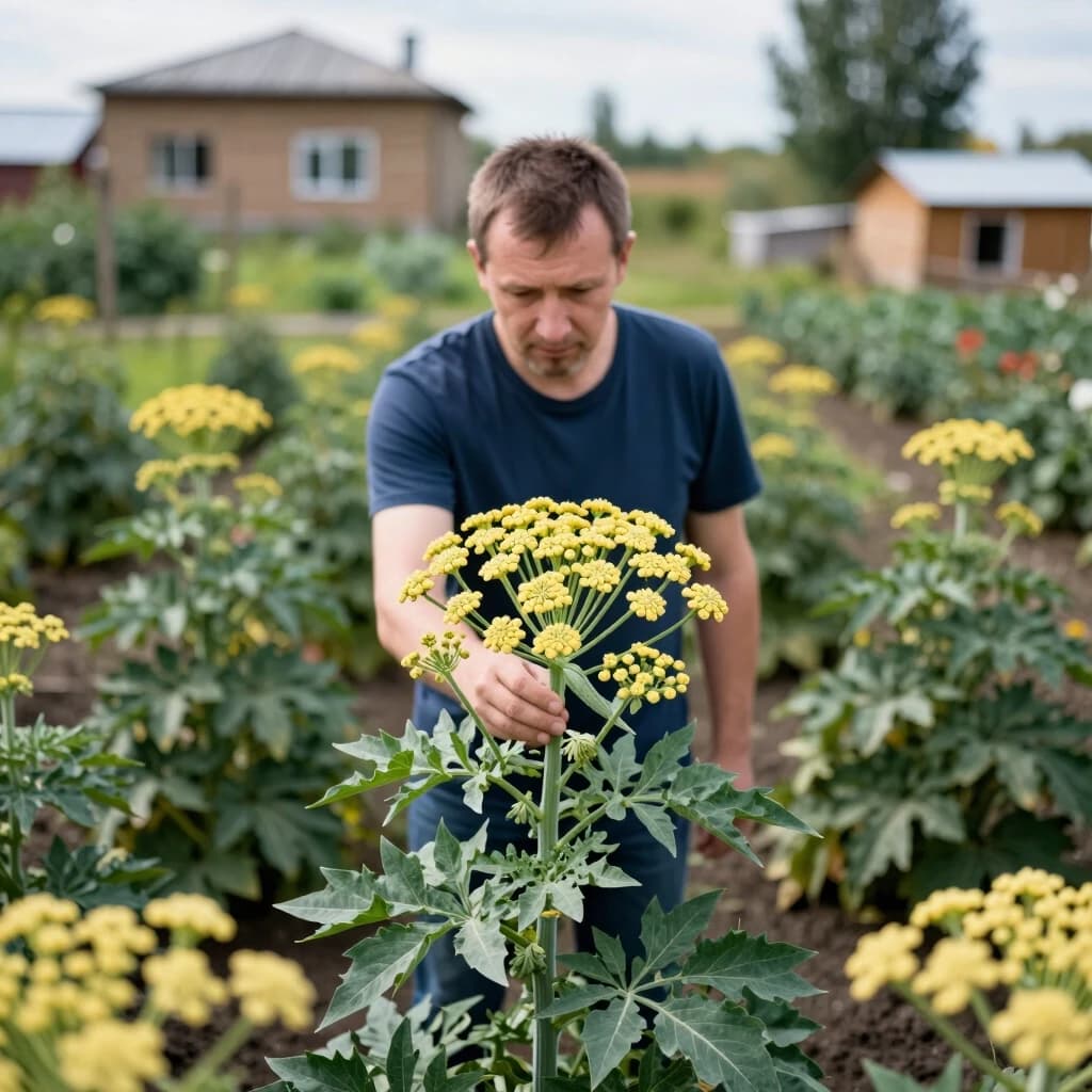 A man looks at hogweed in the center of a dacha plot