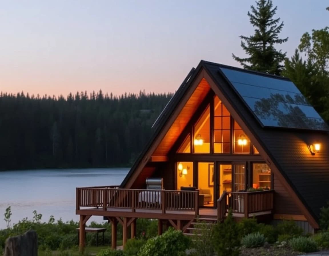 Horizontal architectural photography, cozy triangular A-frame cabin for resort business, solar panels on the sloping roof, glowing warm lights inside, forest lake background, dusk lighting.