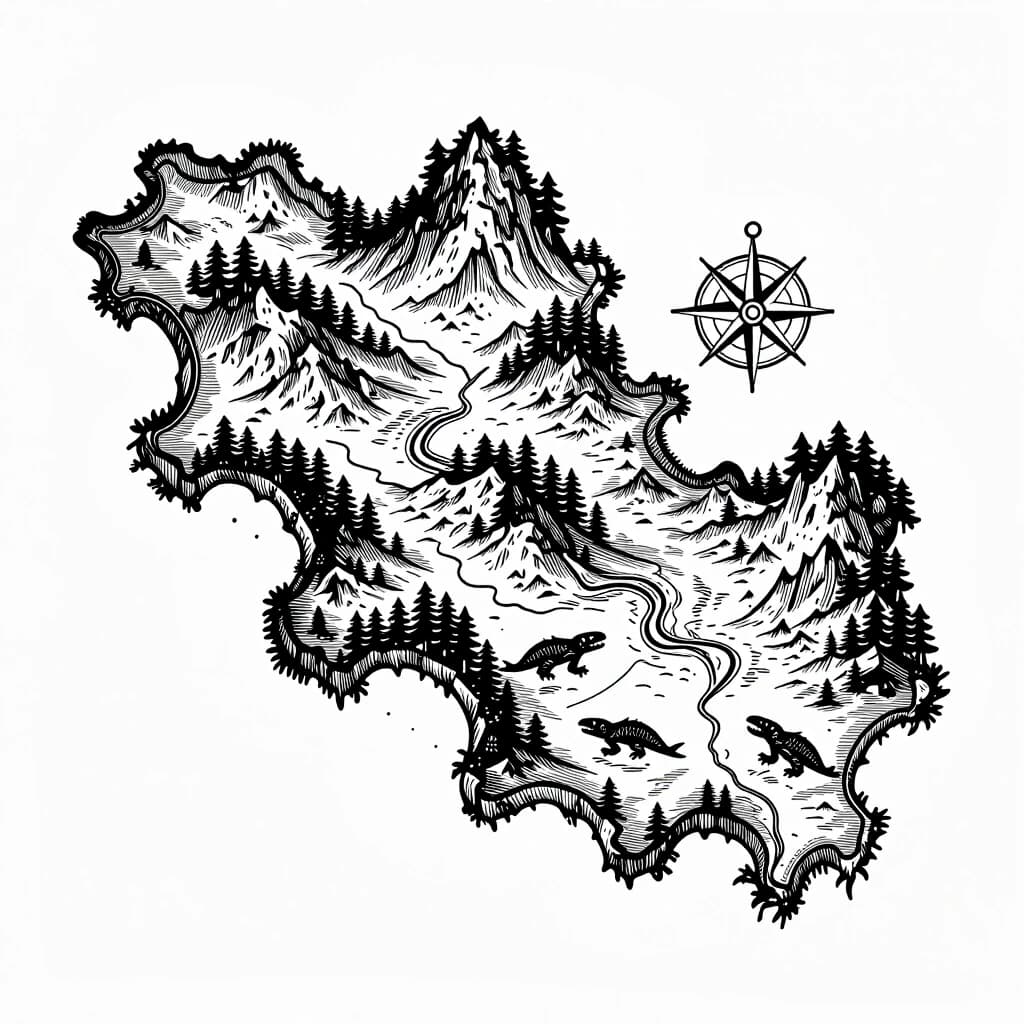 Vintage nautical map, detailed line art vector design, Tainted Grail style. Flat top-down overhead view of a dark fantasy island. Intricate vintage engraving style with fine black ink lines on a pure white background. The island interior is filled only with detailed hand-drawn topography, tiny detailed mountains, rivers, and dense forests made of individual tree outlines. No solid black fills, no black silhouettes. Includes an ornate compass rose and sea monsters in the open ocean. High contrast, sharp edges, pure black line art only, ready for laser engraving.