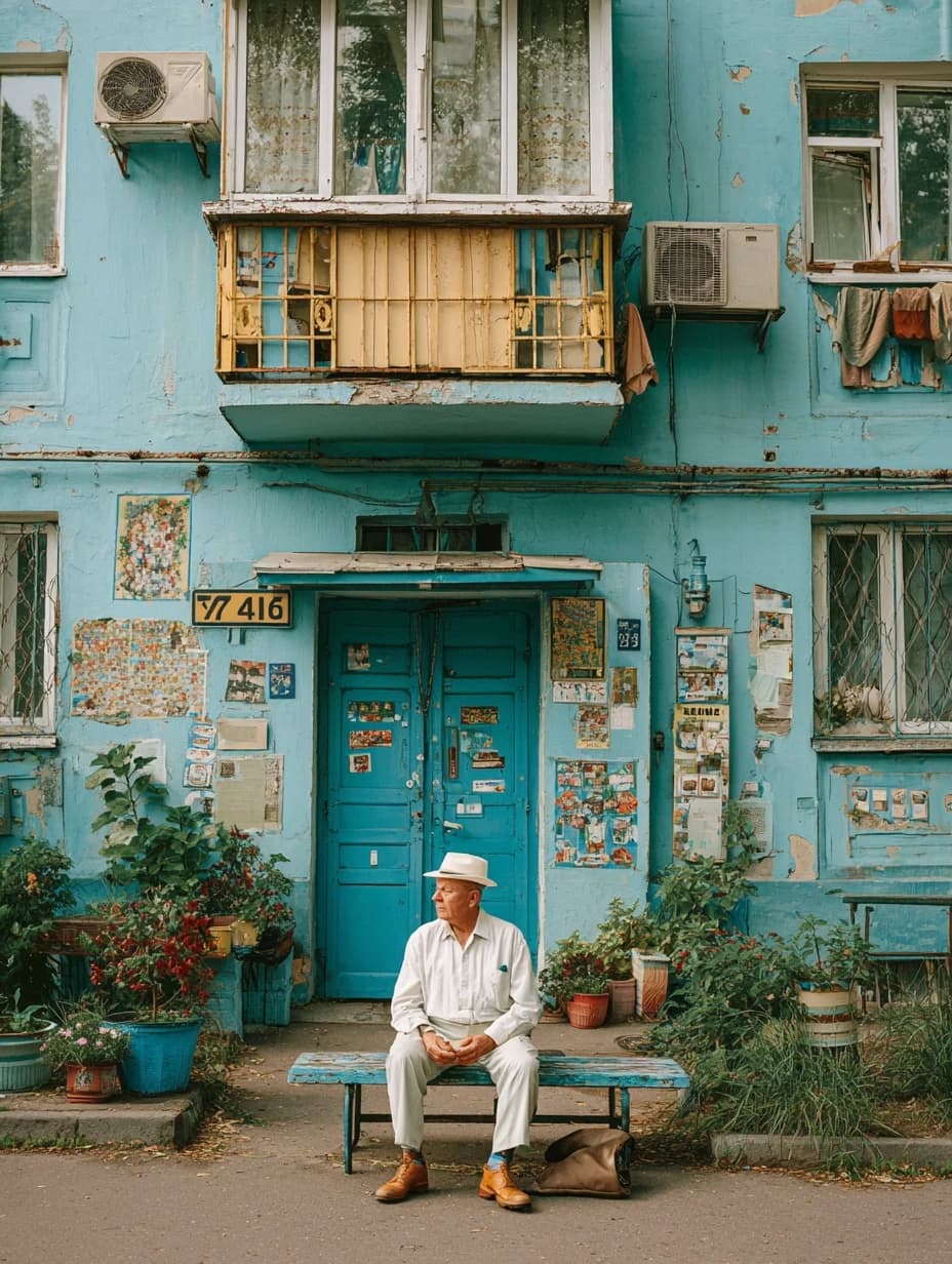 photos of the post-Soviet aesthetics of Russian courtyards and people with their everyday life in the styles of McBling, Waporwave, Wes Anderson chic, Andersonesque Popart --ar 3:4 --v 7.0 --s 300