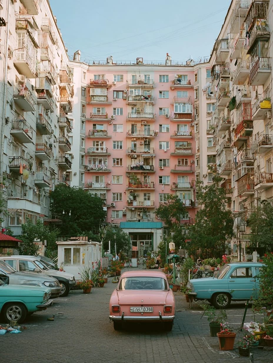 photos of the post-Soviet aesthetics of Russian courtyards and people with their everyday life in the styles of McBling, Waporwave, Wes Anderson chic, Andersonesque Popart --ar 3:4 --v 7.0 --s 300