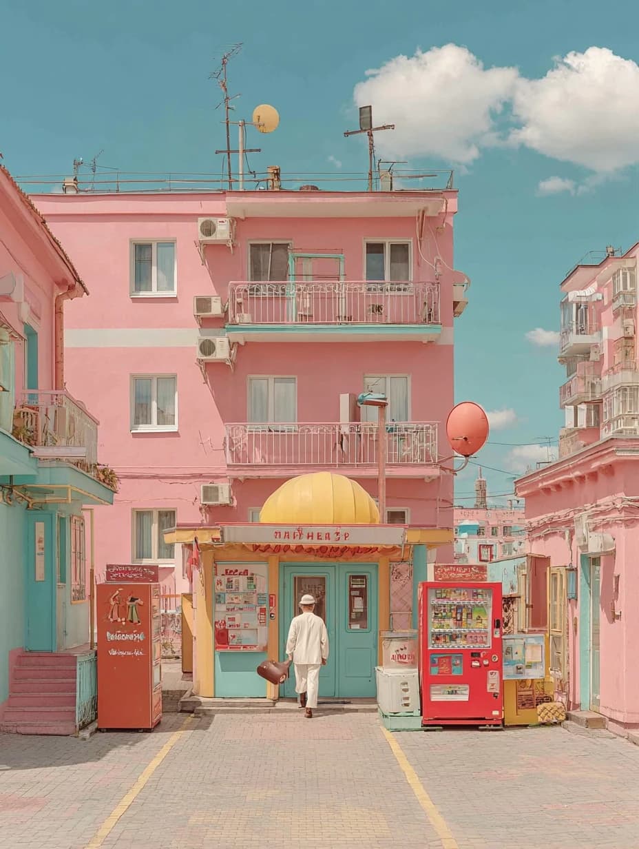 photos of the post-Soviet aesthetics of Russian courtyards and people with their everyday life in the styles of McBling, Waporwave, Wes Anderson chic, Andersonesque Popart --ar 3:4 --v 7.0 --s 300