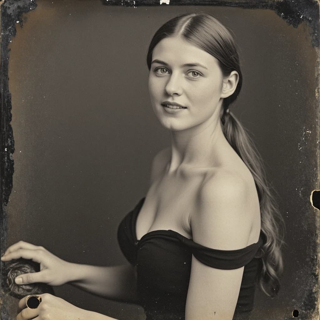 Молодая женщина (примерно 25–28 лет), стройная, светлая кожа, длинные волосы собраны на затылке, голубые/серые глаза, нейтральное уверенное выражение лица с лёгкой полуулыбкой. На ней: Чёрный топ с открытыми плечами. Поза: слегка наклонена вперёд, руки опущены, плечи расслаблены.