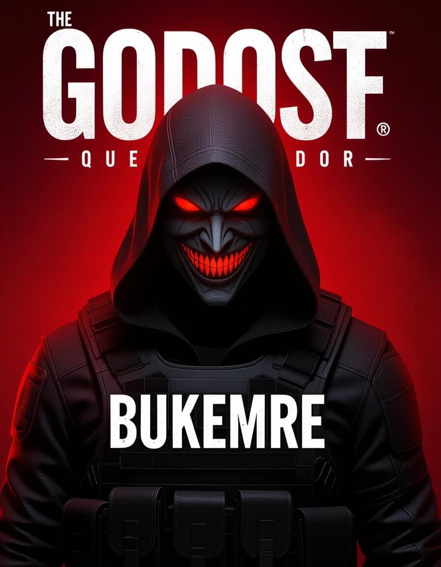 Cinematic portrait, dark fantasy concept art. On a plain blood-burgundy backdrop, a threatening silhouette of a hooded man. No face visible, only cunning, angular eye-slits and a wide, grinning mouth outline, both glowing with ambient crimson light. He wears a tactical vest and hood, colored in matte black with subtle dark grey highlights to define texture. Broad-shouldered, tall, imposing figure facing viewer. Style of Greg Rutkowski and Aleksi Briclot, moody, dramatic, volumetric lighting, ultra-detailed