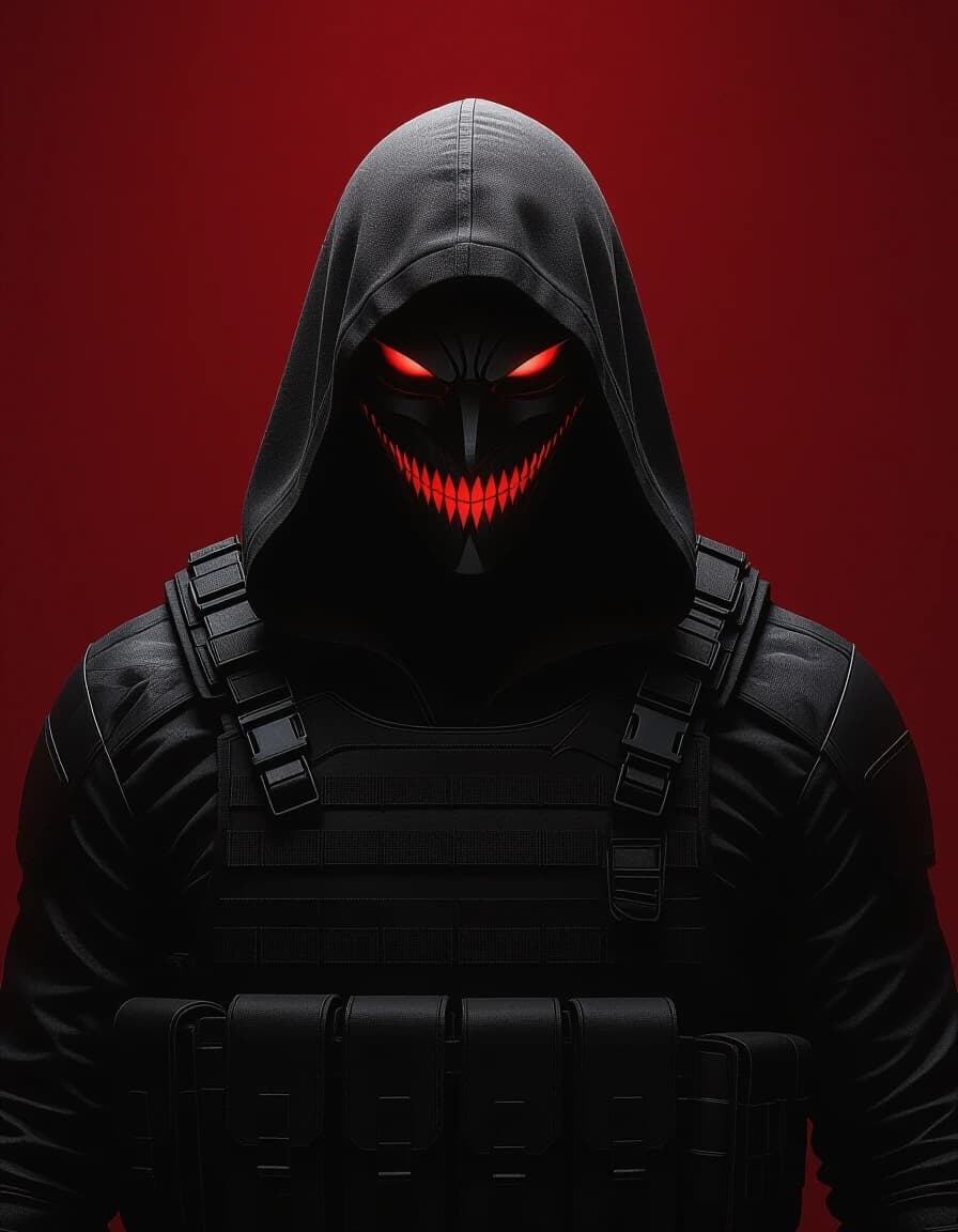 Cinematic portrait, dark fantasy concept art. On a plain blood-burgundy backdrop, a threatening silhouette of a hooded man. No face visible, only cunning, angular eye-slits and a wide, grinning mouth outline, both glowing with ambient crimson light. He wears a tactical vest and hood, colored in matte black with subtle dark grey highlights to define texture. Broad-shouldered, tall, imposing figure facing viewer. Style of Greg Rutkowski and Aleksi Briclot, moody, dramatic, volumetric lighting, ultra-detailed