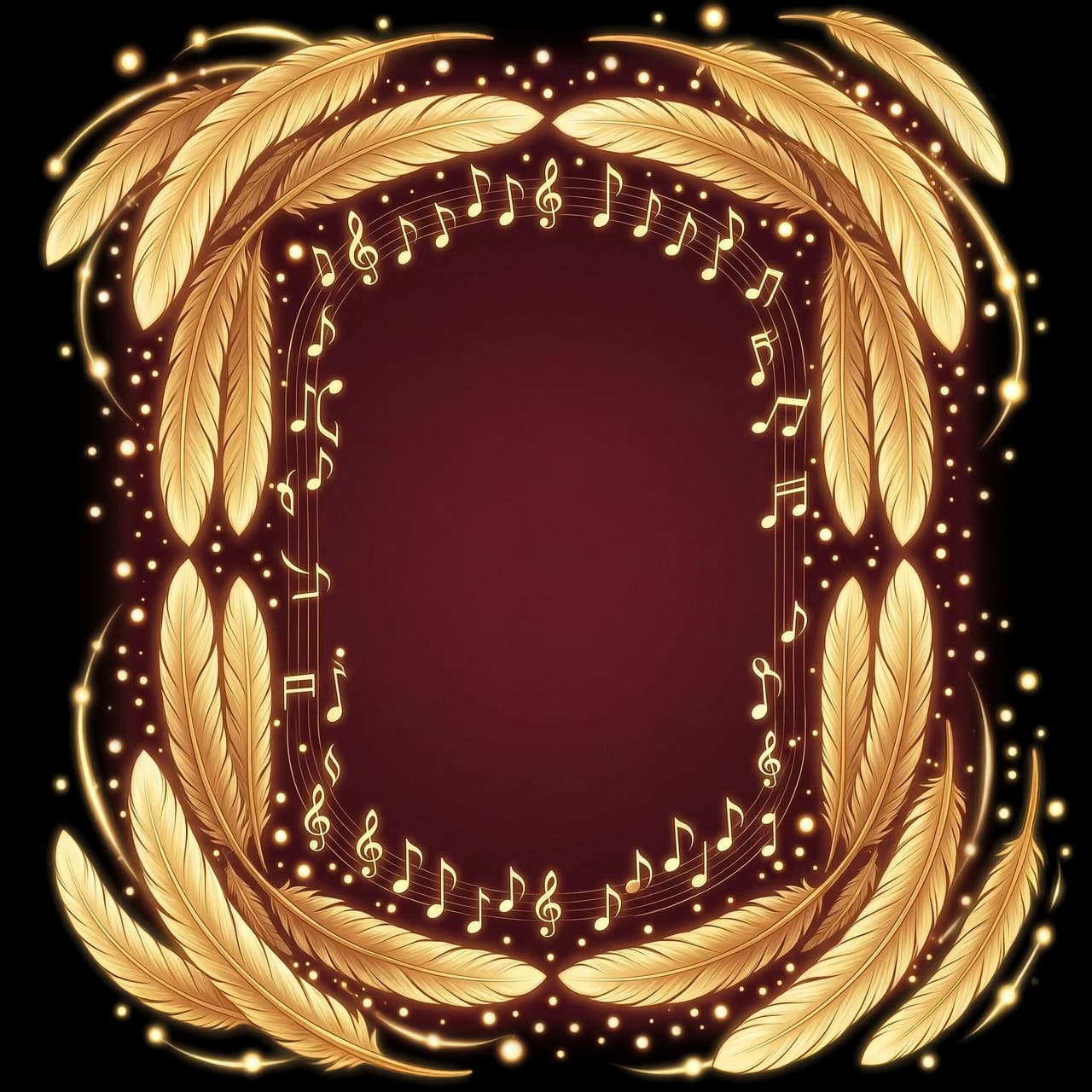 An elegant rectangular frame for a text box, made of glowing golden firebird feathers and subtle musical notes, sparks of light, dark burgundy background, magical folklore aesthetic, hyper-detailed, graphic design element, transparent background, isolated, PNG style --ar 3:4