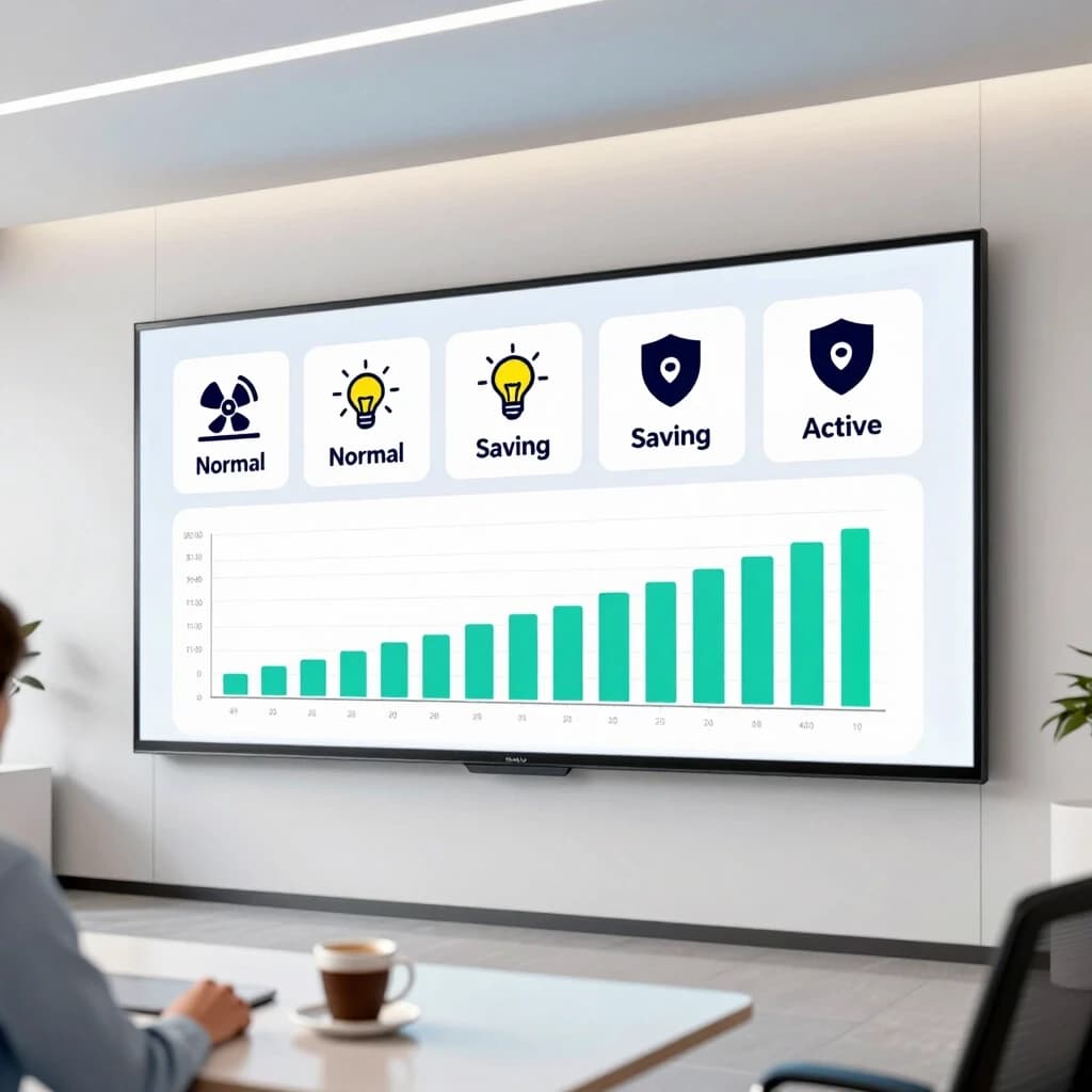 Wide shot of a smart building control room with a large wall-mounted display panel. The panel is divided into sections: each section features a simple icon (fan for ventilation, lightbulb for lighting, shield for security) with a status indicator next to it: "Normal", "Saving", "Active". Below, a combined energy consumption bar chart is shown. The room is bright, modern, with a desk and a cup of coffee, human scale. Style: clean corporate interior, realistic rendering, soft lighting, focus on the clarity of the information display, advertising visual. --ar 16:9