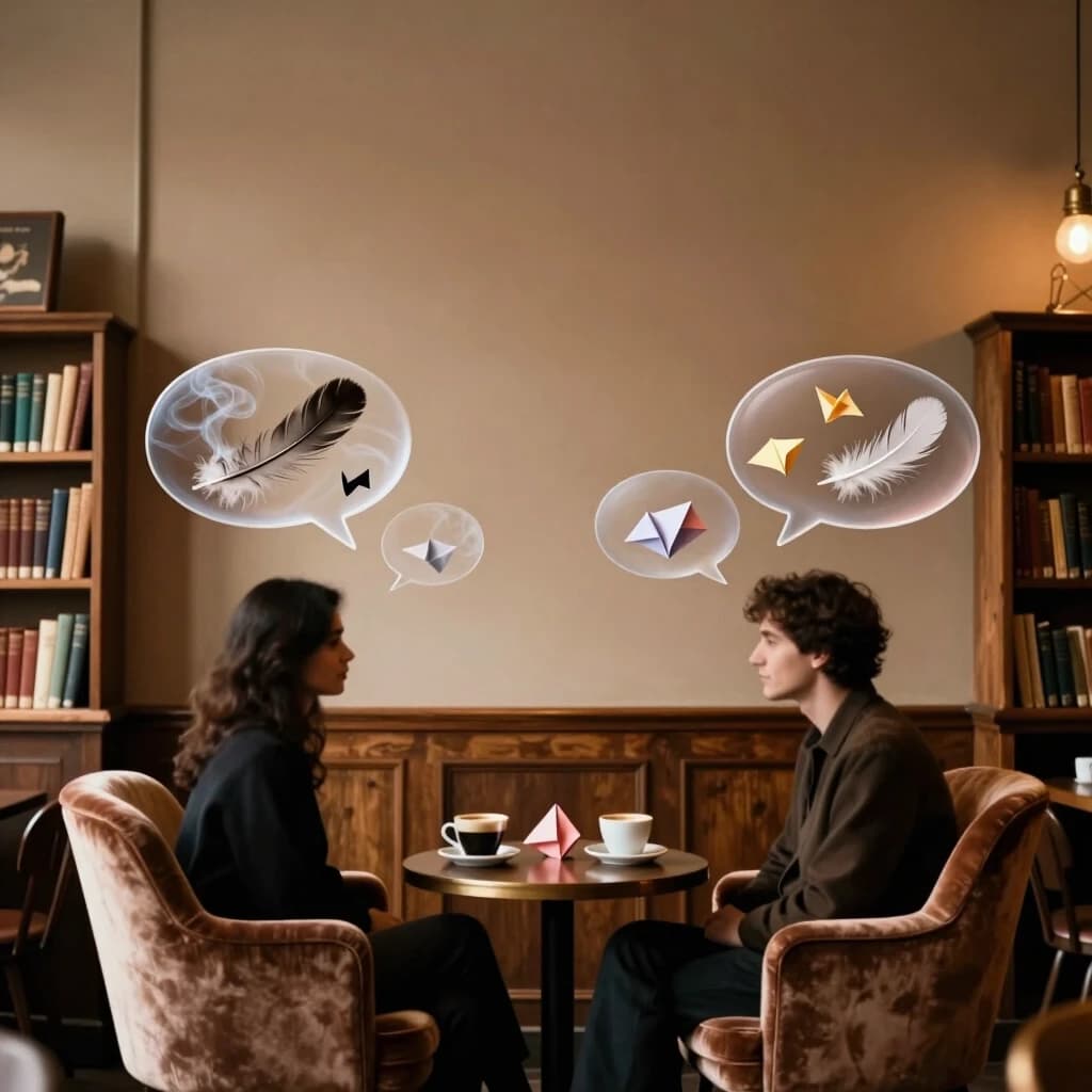 Cinematic wide shot of a cozy, dimly lit vintage library cafe with wooden bookshelves. Two elegant velvet armchairs face each other across a small round table with two cups of hot coffee. The chairs are occupied by two soft, blurred silhouettes. Floating in the warm amber air between them are beautiful translucent abstract speech bubbles, but instead of words, they contain swirling smoke, delicate feathers, and crumpled origami paper — symbolizing beautiful meaninglessness. The top half of the composition is a vast, empty soft beige wall with gentle lighting, providing perfect negative space for event invitation text. Photorealistic, warm autumn tones, intimate and philosophical atmosphere, 4k, shallow depth of field, 4:5 aspect ratio.