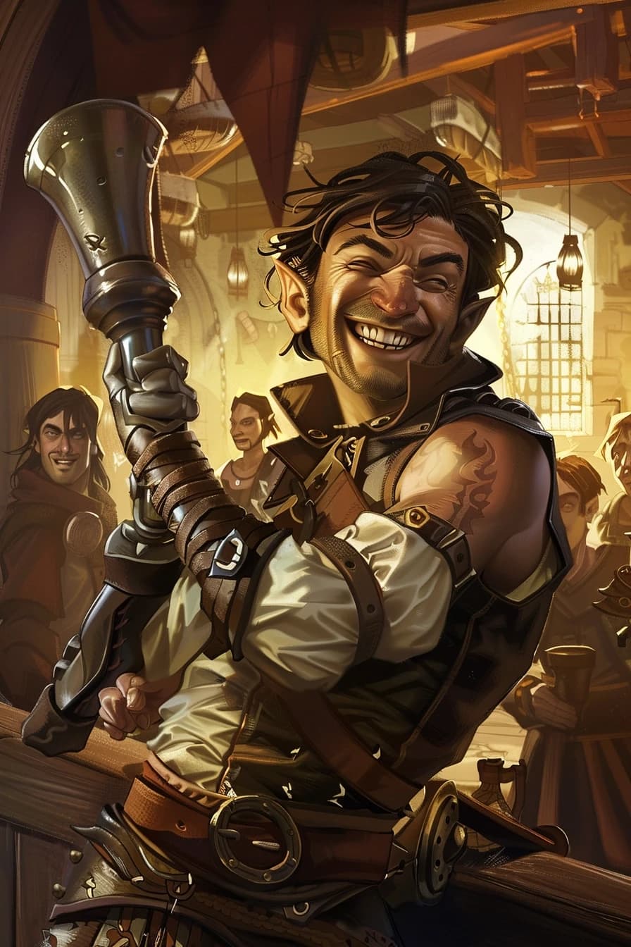 Fantasy character portrait, human male, messy hair, crooked smile, left arm in metal brace, holding a command horn, worn leather armor, background shows party of adventurers, comic depressed but kind expression, warm tavern light, art by Jesper Ejsing, --ar 2:3