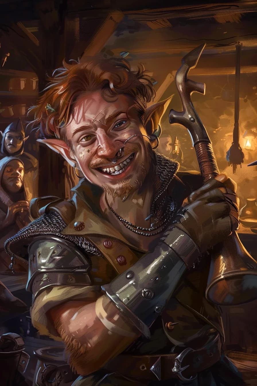 Fantasy character portrait, human male, messy hair, crooked smile, left arm in metal brace, holding a command horn, worn leather armor, background shows party of adventurers, comic depressed but kind expression, warm tavern light, art by Jesper Ejsing, --ar 2:3