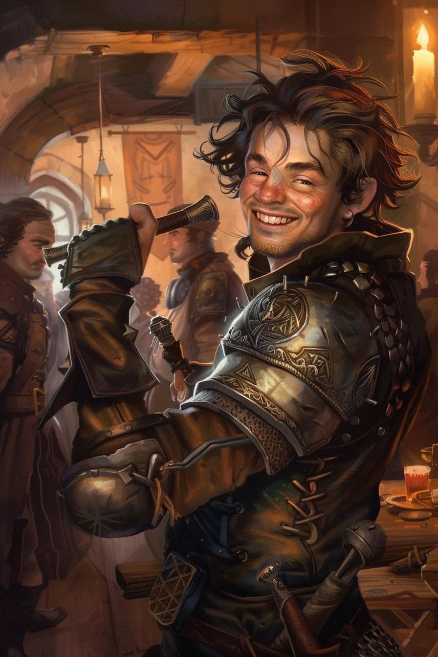 Fantasy character portrait, human male, messy hair, crooked smile, left arm in metal brace, holding a command horn, worn leather armor, background shows party of adventurers, comic depressed but kind expression, warm tavern light, art by Jesper Ejsing, --ar 2:3