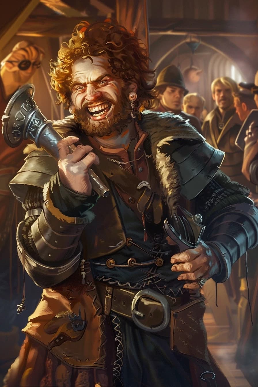 Fantasy character portrait, human male, messy hair, crooked smile, left arm in metal brace, holding a command horn, worn leather armor, background shows party of adventurers, comic depressed but kind expression, warm tavern light, art by Jesper Ejsing, --ar 2:3