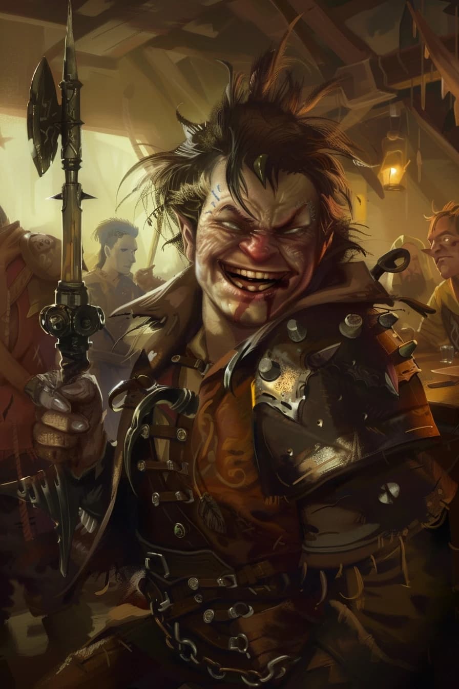 Fantasy character portrait, human male, messy hair, crooked smile, left arm in metal brace, holding a command horn, worn leather armor, background shows party of adventurers, comic depressed but kind expression, warm tavern light, art by Jesper Ejsing, --ar 2:3
