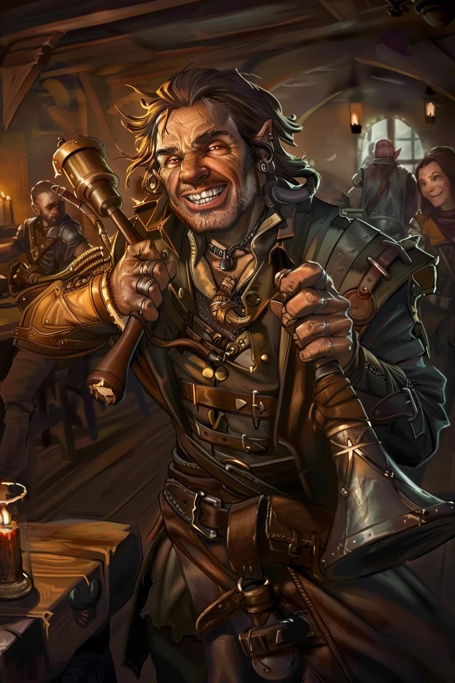 Fantasy character portrait, human male, messy hair, crooked smile, left arm in metal brace, holding a command horn, worn leather armor, background shows party of adventurers, comic depressed but kind expression, warm tavern light, art by Jesper Ejsing, --ar 2:3