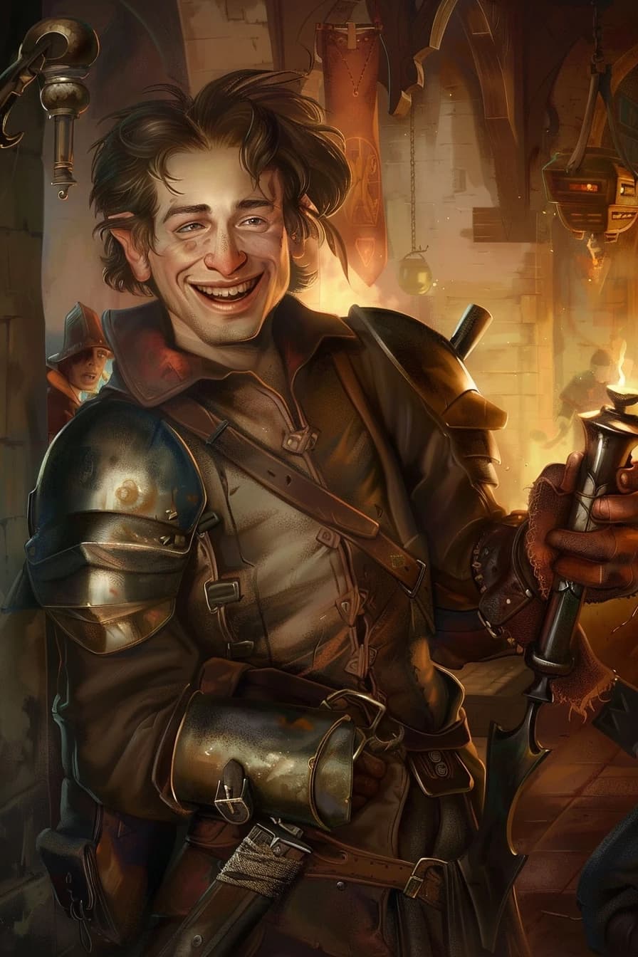 Fantasy character portrait, human male, messy hair, crooked smile, left arm in metal brace, holding a command horn, worn leather armor, background shows party of adventurers, comic depressed but kind expression, warm tavern light, art by Jesper Ejsing, --ar 2:3