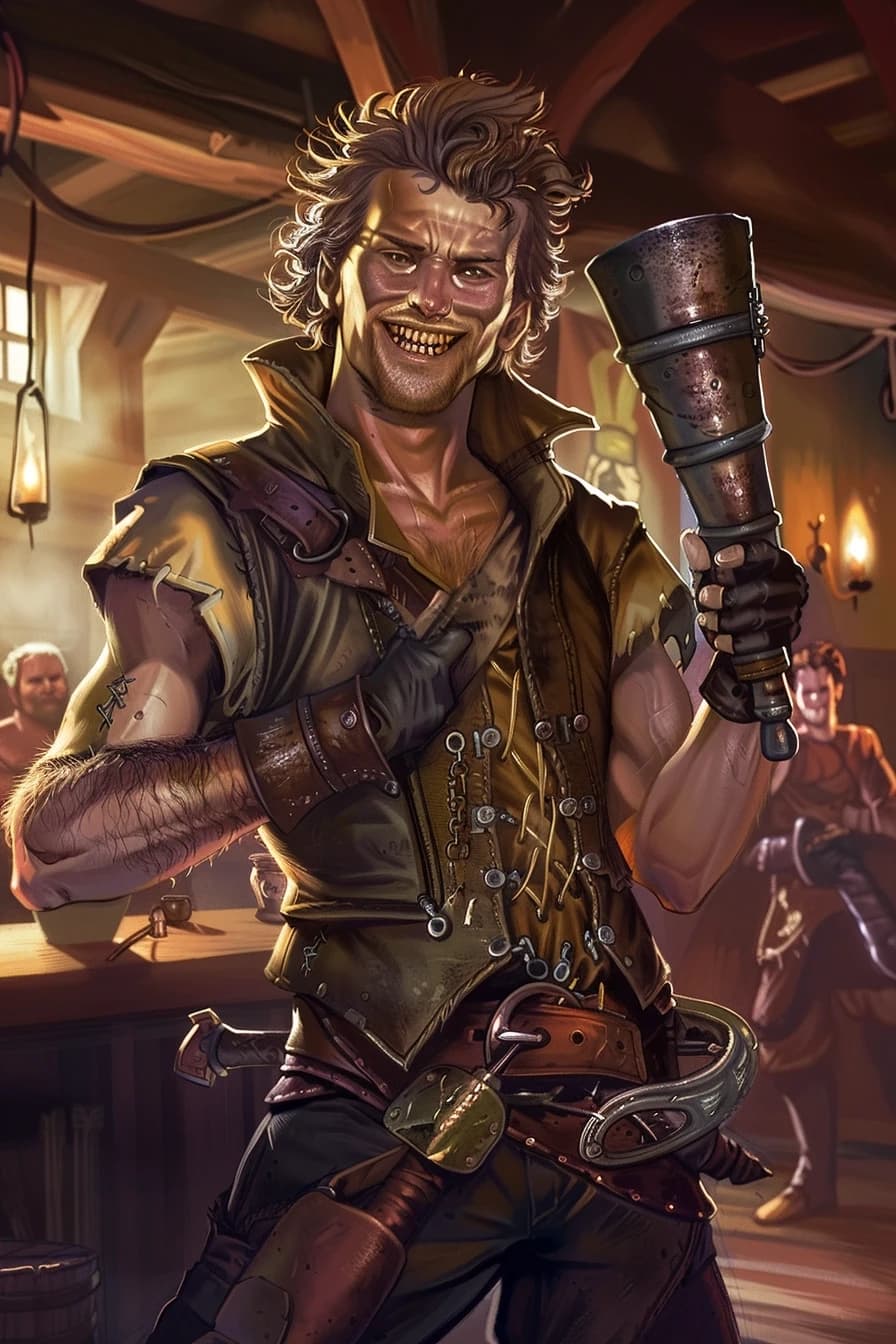 Fantasy character portrait, human male, messy hair, crooked smile, left arm in metal brace, holding a command horn, worn leather armor, background shows party of adventurers, comic depressed but kind expression, warm tavern light, art by Jesper Ejsing, --ar 2:3