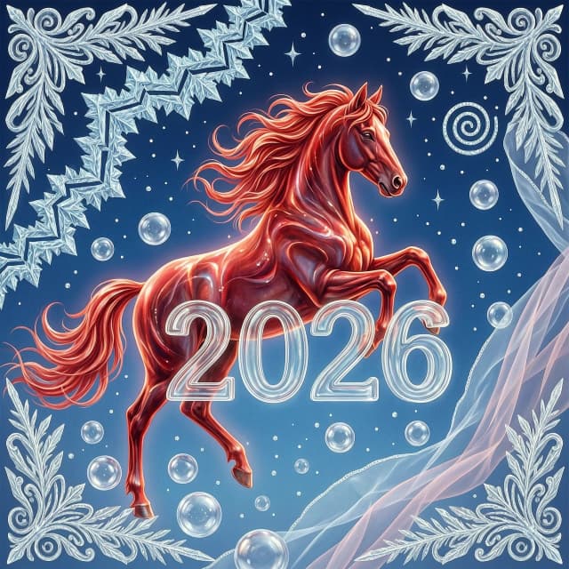 In the double exposure style. An ephemeral mythical creature in the form of a beautiful scarlet fiery horse with a long wavy mane collects the word "2026" from glass letters. In a jump. Background: bright blue night sky with grandiose continuous ornamental frosty patterns, zigzags, spirals of frost. Needles, transparent glass balls, silk, tulle. 
In the "Glitter" style: magical realism, natural symphony, shapes dissolve into color, lines flow like water, translucent layers with a watercolor texture, intricate ornaments at the corners of the composition.
Iridescence, lace, entourage, fantastic plot, New Year's tale, magic, whimsicality, originality. High detail, cinematic lighting, solemn festive atmosphere, realistic.