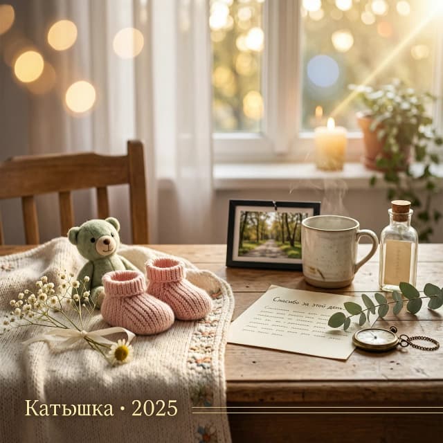 Кинематографичный фотореалистичный юбилейный слайд, посвящённый Катюшке и событиям 2025 года. Тёплое личное воспоминание, уютная атмосфера, естественный домашний или прогулочный момент, мягкий солнечный свет, детали повседневной жизни, которые становятся дорогими именно благодаря воспоминаниям. Не постановочная фотография, а ощущение настоящего момента, пойманного камерой. Тёплая цветовая гамма, мягкое боке, лёгкая плёночная зернистость, эмоциональный финальный кадр семейного travel-фильма. Формат 16:9. Элегантная надпись «Катюшка · 2025». Без людей. Связанное с рождение ребенка