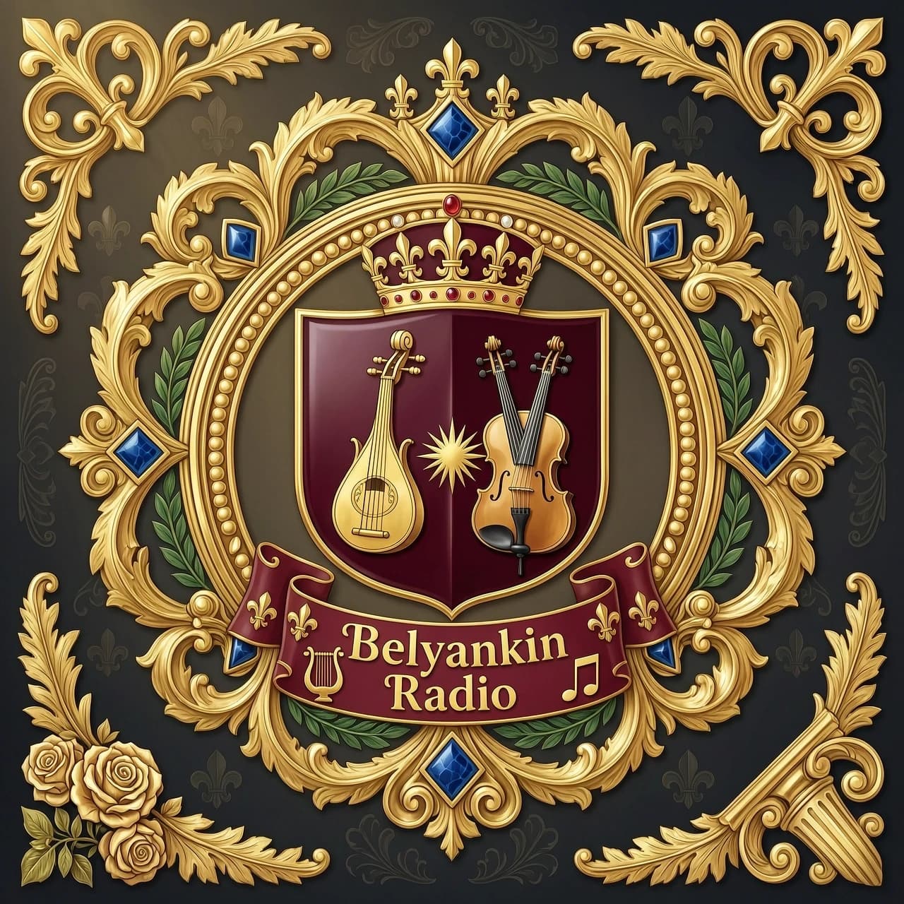 Создай логотип Belyankin Radio. Belyankin Radio музыкальное радио. XVII век, Франция, стиль барокко, геральдика, роспись, глянец, лак, золото, боковой солнечный свет, блики, блеск, общий план, высокое разрешение, высокая детализация, 4k