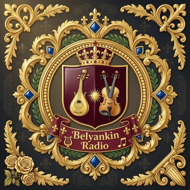 Создай логотип Belyankin Radio. Belyankin Radio музыкальное радио. XVII век, Франция, стиль барокко, геральдика, роспись, глянец, лак, золото, боковой солнечный свет, блики, блеск, общий план, высокое разрешение, высокая детализация, 4k