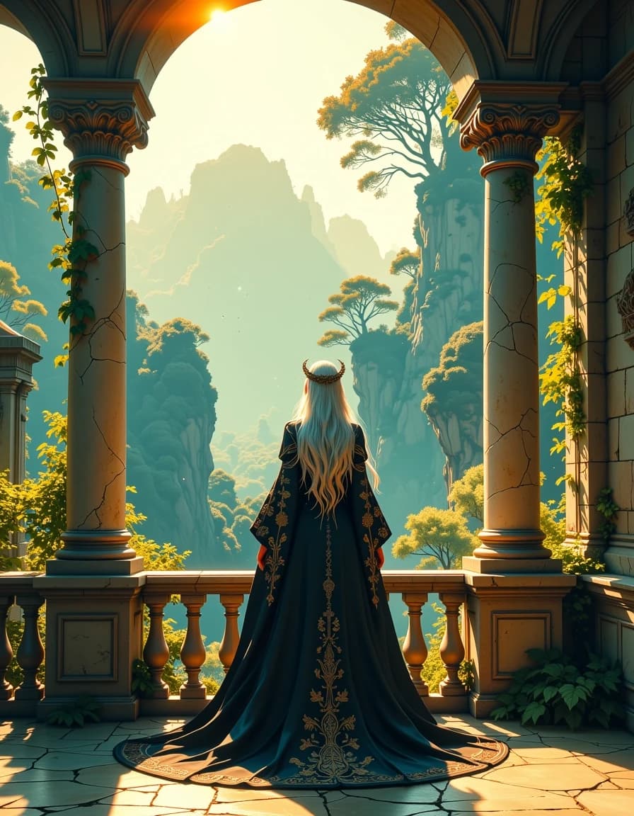 A masterpiece,  in the style of the 1980s, with bold lines, dynamic strokes and rich textures, on background with a touch of nostalgia, perhaps with subtle drawings inspired by cellulose and vintage, worn textures similar to paper, oil painting, A cinematic, hyper-detailed fantasy scene of an ethereal elven queen standing on an ancient stone balcony overlooking a misty primeval forest at golden hour, long silver-white hair flowing dramatically in the breeze, wearing an intricately embroidered dark gown and a delicate leaf-like crown, ornate cracked marble columns and balustrade overgrown with vines and moss, warm volumetric sunlight breaking through layered tree canopies casting soft rim light and long shadows, dense atmospheric fog in the valley, rich painterly foliage silhouettes in the distance, subtle particles and floating pollen, ultra-realistic textures on skin, hair, fabric and stone, intricate embroidery visible, moody warm color palette with deep greens and amber highlights, shallow depth of field with sharp subject and softly blurred background, dramatic cinematic composition, high dynamic range, photoreal 8k detail, filmic color grading, soft bloom and gentle film grain for a timeless, majestic, otherworldly mood. hdr