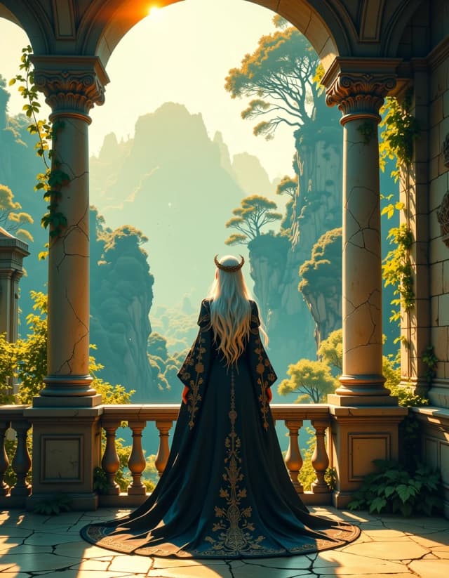 A masterpiece,  in the style of the 1980s, with bold lines, dynamic strokes and rich textures, on background with a touch of nostalgia, perhaps with subtle drawings inspired by cellulose and vintage, worn textures similar to paper, oil painting, A cinematic, hyper-detailed fantasy scene of an ethereal elven queen standing on an ancient stone balcony overlooking a misty primeval forest at golden hour, long silver-white hair flowing dramatically in the breeze, wearing an intricately embroidered dark gown and a delicate leaf-like crown, ornate cracked marble columns and balustrade overgrown with vines and moss, warm volumetric sunlight breaking through layered tree canopies casting soft rim light and long shadows, dense atmospheric fog in the valley, rich painterly foliage silhouettes in the distance, subtle particles and floating pollen, ultra-realistic textures on skin, hair, fabric and stone, intricate embroidery visible, moody warm color palette with deep greens and amber highlights, shallow depth of field with sharp subject and softly blurred background, dramatic cinematic composition, high dynamic range, photoreal 8k detail, filmic color grading, soft bloom and gentle film grain for a timeless, majestic, otherworldly mood. hdr