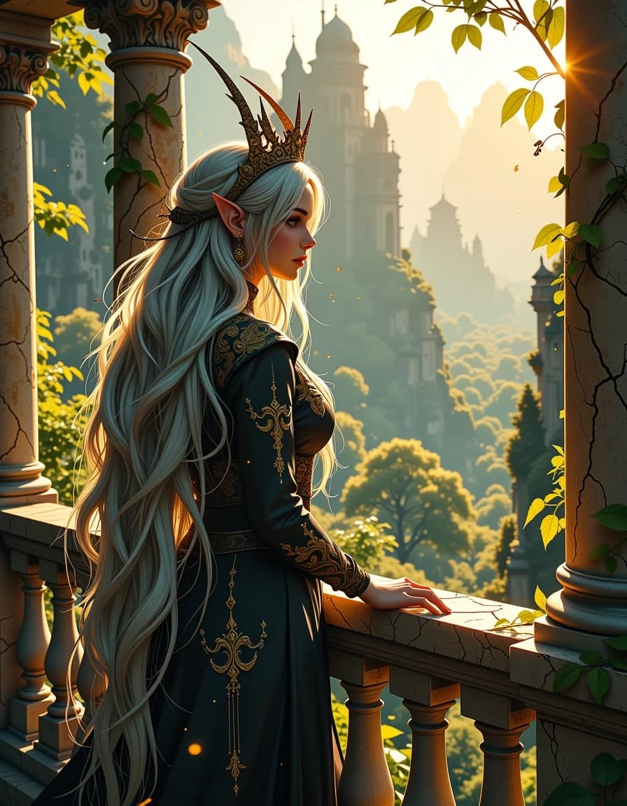 A masterpiece,  in the style of the 1980s, with bold lines, dynamic strokes and rich textures, on background with a touch of nostalgia, perhaps with subtle drawings inspired by cellulose and vintage, worn textures similar to paper, oil painting, A cinematic, hyper-detailed fantasy scene of an ethereal elven queen standing on an ancient stone balcony overlooking a misty primeval forest at golden hour, long silver-white hair flowing dramatically in the breeze, wearing an intricately embroidered dark gown and a delicate leaf-like crown, ornate cracked marble columns and balustrade overgrown with vines and moss, warm volumetric sunlight breaking through layered tree canopies casting soft rim light and long shadows, dense atmospheric fog in the valley, rich painterly foliage silhouettes in the distance, subtle particles and floating pollen, ultra-realistic textures on skin, hair, fabric and stone, intricate embroidery visible, moody warm color palette with deep greens and amber highlights, shallow depth of field with sharp subject and softly blurred background, dramatic cinematic composition, high dynamic range, photoreal 8k detail, filmic color grading, soft bloom and gentle film grain for a timeless, majestic, otherworldly mood. hdr