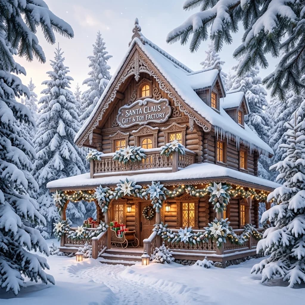 A carved house with a balcony and a veranda, comfortably located in a winter forest surrounded by fluffy fir trees under large spreading branches. Bright white poinsettias and fir cones serve as decorations for the Santa Claus gift and toy factory. Style:Winter fantasy art, fairy tale, subtle textures and shadows create a sense of depth. The inner light. High quality, 4k, sophisticated detail, architecture. .(Poinsettia and fir branches.) The flowers are white, turning into white-blue, dark green, white-golden. ((Colors of the winter composition): (white with a blue tint, icy white, pearl-silver). (Background color)) (pearl-white with a bluish tinge silver-white, silver-blue with a pearlescent tinge, silver-blue