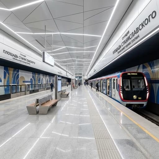 Сделай красивый современный проект для станции метро Площадь Станиславского в новосибирске, которая должна быть с островной платформой, на одном из путей стоит поезд метро 81-725.3 "Балтиец"