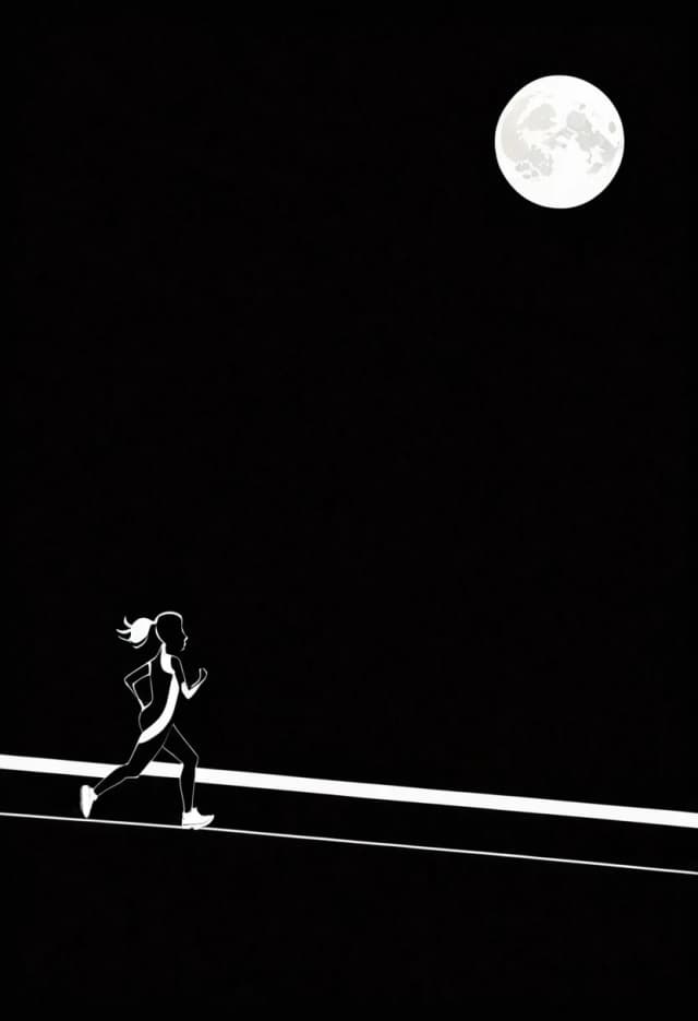 a black background, a horizontal white line, a small silhouette of a girl with a thin white line in profile, running along a white line. There are mountains against the background, and the moon is above them. Minimalism