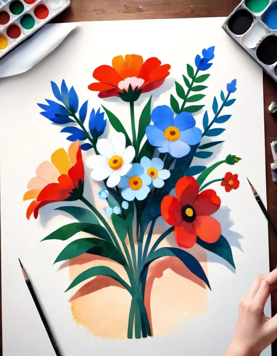 A masterpiece. Create an image. Style watercolor painting: ((Style: naive art - primitive, splint painting Mitkov, minimalism - image - flowers)):1.6, clear edges, clear textures, volumetric composition, studio lighting, author's style, 8k resolution. High detail and clear texture. Intense close-up. High quality. Increased attention to small details. The aspect ratio is 3:4.