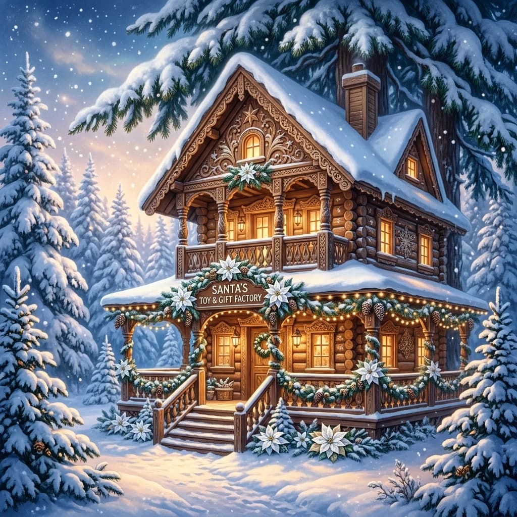 A carved house with a balcony and a veranda, comfortably located in a winter forest surrounded by fluffy fir trees under large spreading branches. Bright white poinsettias and fir cones serve as decorations for the Santa Claus gift and toy factory. Style:Winter fantasy art, fairy tale, subtle textures and shadows create a sense of depth. The inner light. High quality, 4k, sophisticated detail, architecture. .(Poinsettia and fir branches.) The flowers are white, turning into white-blue, dark green, white-golden. ((Colors of the winter composition): (white with a blue tint, icy white, pearl-silver). (Background color)) (pearl-white with a bluish tinge silver-white, silver-blue with a pearlescent tinge, silver-blue