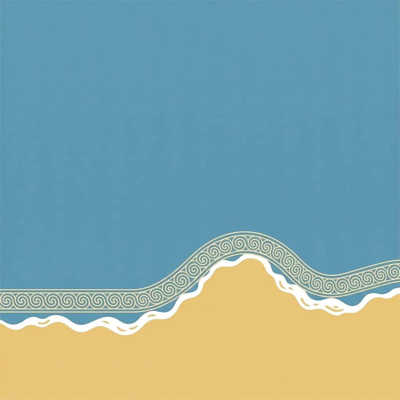 A vertical minimalist digital art piece. The top two-thirds of the image is a beautiful blue sea, the bottom one-third is warm yellow sand. The shoreline water wave with soft white sea foam forms a perfect, clear silhouette of a woman's hip curve. Along the edge of the water wave, there is a very thin, elegant, horizontal Maori Koru pattern ornament running from edge to edge. Clean graphic layout, design template, background for layout, strictly no text, no letters, no words, no book cover elements, no publisher logos, completely empty space for typography